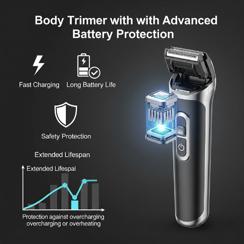 A sleek, cordless body trimmer with a clear battery indicator showing a protection symbol
