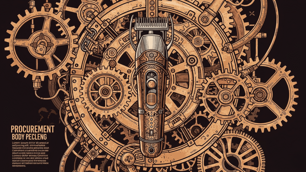 16:9 image: A stylized illustration depicting interconnected gears representing procurement processes, with a body hair trimmer integrated into the design, symbolizing efficient sourcing and manufacturing