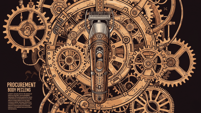 16:9 image: A stylized illustration depicting interconnected gears representing procurement processes, with a body hair trimmer integrated into the design, symbolizing efficient sourcing and manufacturing