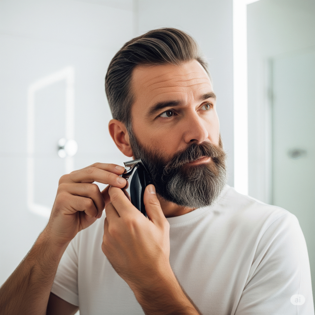 A young man using a Body Groomers in front of a mirror