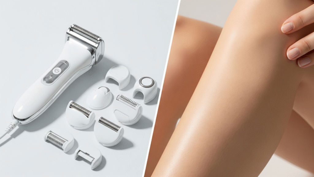 A clean and bright scene featuring a body groomer with various attachments displayed next to a patch of visibly smooth, hair-free skin on a person's leg or arm, conveying the ease and result of using the device for smooth skin