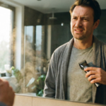 A candid photograph in a modern, sunlit bathroom. A man with a slight wince of pain on his face looks into a mirror while holding a sleek, electric body trimmer against his chest. The focus is sharply on the trimmer head and the angle against his skin. Morning light streams through a window. The atmosphere is relatable and authentic. Film grain