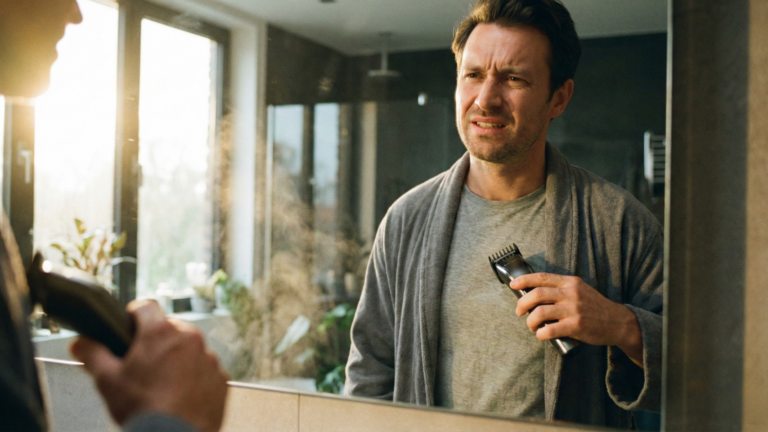 A candid photograph in a modern, sunlit bathroom. A man with a slight wince of pain on his face looks into a mirror while holding a sleek, electric body trimmer against his chest. The focus is sharply on the trimmer head and the angle against his skin. Morning light streams through a window. The atmosphere is relatable and authentic. Film grain
